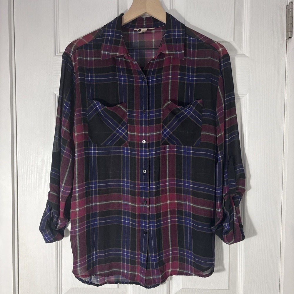 Decree Womens Semi Sheer Size L Button Up Roll Tab Long Sleeves Plaid Blouse Top